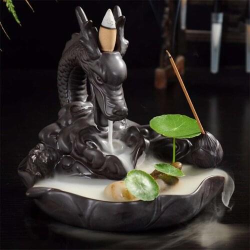 Dragon Lotus Backflow Incense Burner Ceramic Backflow Incense Burner Holder Censer Chinese Buddhist Fengshui Ornament Home Decor
