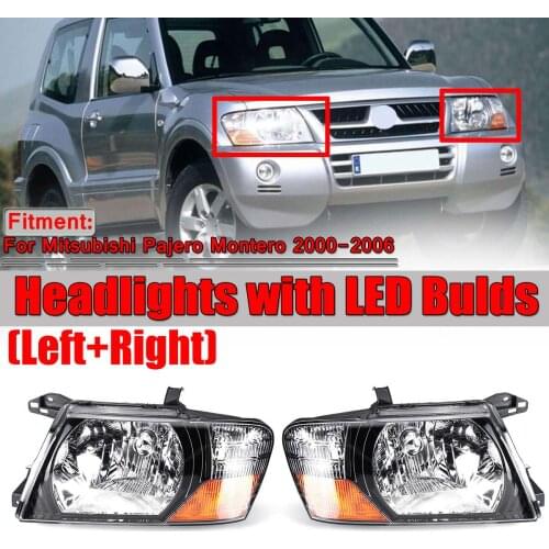 Left+Right Car Front Headlight Head Lamp Assembly With Bulbs Glass Lens Cover For Mitsubishi Pajero Montero 2000-2006