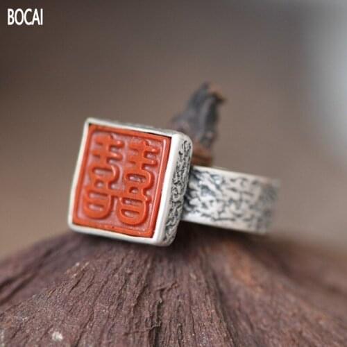 BOCAI 2021 Real S925 Silver Jewelry Retro Concave Fashion Double Happiness Southern Red Agate Man and Woman Ring