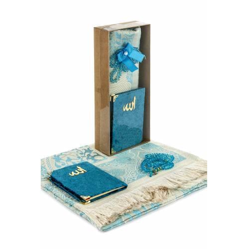 Kraft Boxed Prayer Rug Set - Velvet Covered Yasin - Prayer Rug Seccade - Rosary - Petrol Color