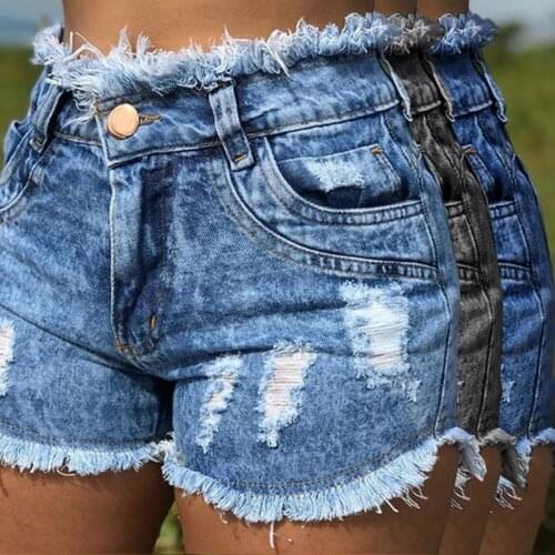 New Summer Womens Sexy Mini Tassel Hole Denim Shorts Womens Fashion Pocket Jean Shorts Hot Blue High Waisted Shorts for Women