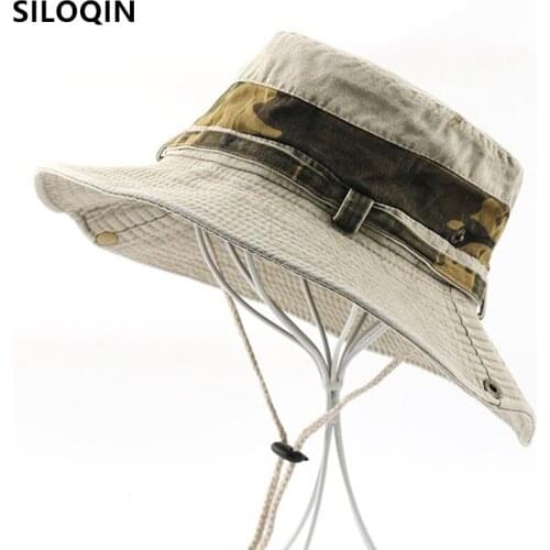 SILOQIN Mens Panama Beach Hats Washed Cotton Bucket Hat For Men New Summer Casual Fishing Cap Wind Rope Fixed Adjustment Sunhat