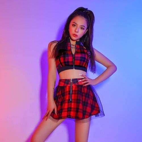 Sexy Hip-Hop Street Dance Wear Jazz Dance Costume Female Korean Red Plaid Hiphop Dance Costume Bar Nightclub Rave Clothes DN7426