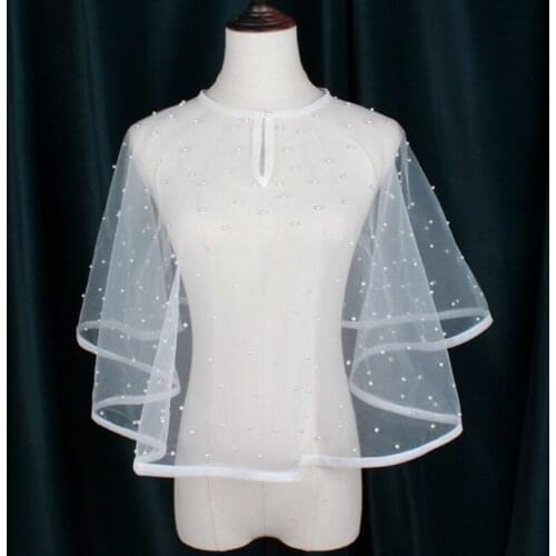 Bridal Luxury Wedding Cape Lady Elegant Illusion Party Shawl Romantic Pearl Beaded Tulle Bolero Women Shrug with Button