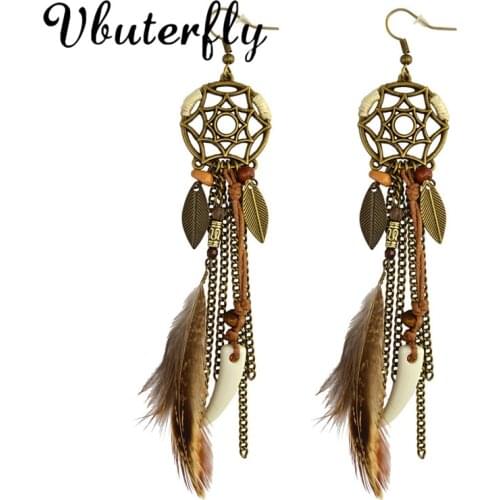 Long Tassel Feather Earrings with Bead Pendants Boho Hippy Jewelry Gift for Her Tan/rainbow Leather Feather Fringe Earrings KL28