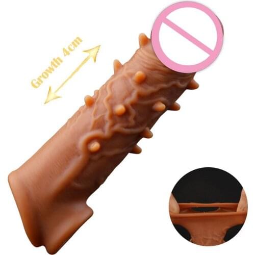 Male Reusable Penis Enlargement Silicone Condoms Sex Toys for Adults Men Cock Massage Ring Time Delay Ejaculation Chastity Cage