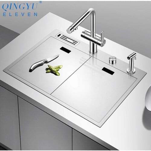 New Double Cover hidden kitchen Sink 304 Stainless Steel 4mm Thickness Handmade Brushed Single kitchen Sink With knife holder
