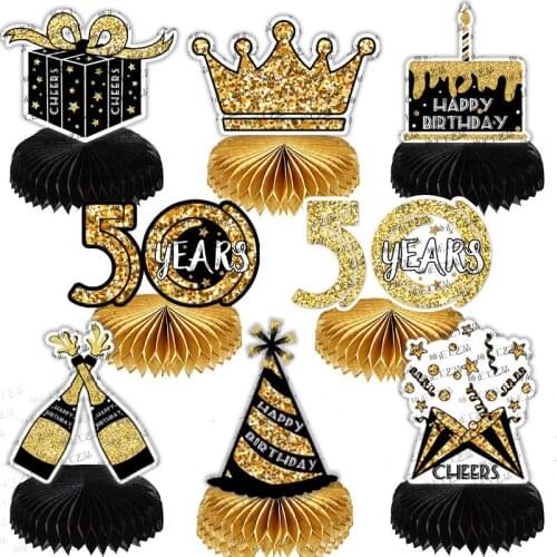 Birthday Party Decoration Black Gold Honeycomb Ball Ornaments Age Number Honeycomb Paper Fan Desktop Ornaments
