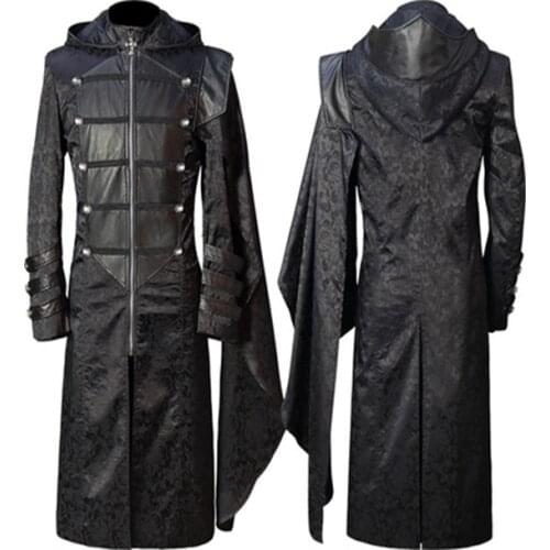 Adult Black Halloween Medieval Steampunk Assassin Elves Pirate Costume Vintage Long Jacket Gothic Armor Leather Coats