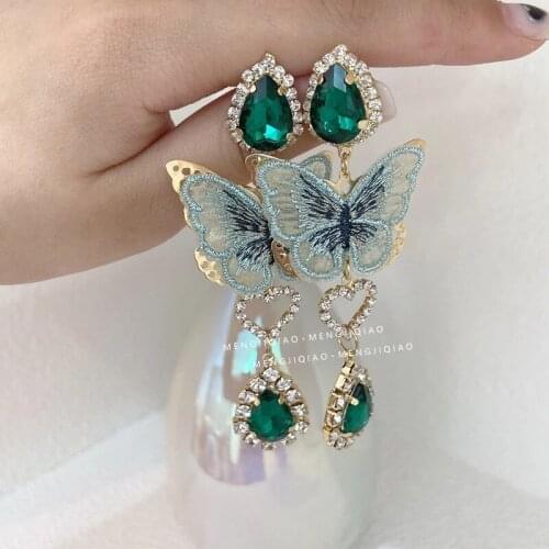 Korean Vintage Green Embroidery Butterfly Waterdrop Crystal Drop Earrings For Women Fashion Pendientes Party Jewelry