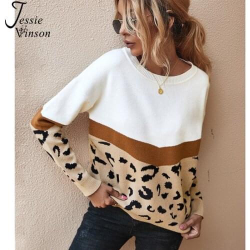 Jessie Vinson Leopard Pullover Sweater Women O-neck Long Sleeve Winter Warm Knitted Sweater Jumpers 2020 Womens Sweater Tops
