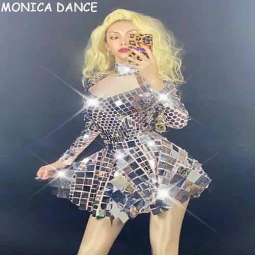 Nightclub Sexy Stage Sparkly Silver Sequin Spandex Dress Birthday Celebrate Mirror Outfit Bar Prom Party Women Dance Dress