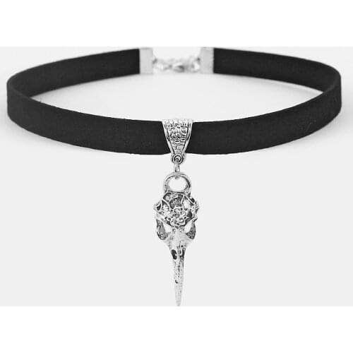1pcs Fashion Jewelry Choker Necklace Black 10mm Flat Faux Suede Cord Crow Raven Bird Skull Charm 13" Choker Necklace