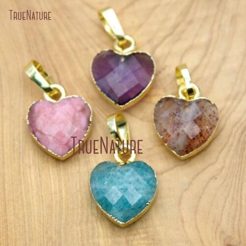 10Pcs Cheap Gold Faceted Heart Pendant Rhodonite, Single Amazonite, Amethysts, Stawberry Quartz Pendant Sale 14x11mm PM15650