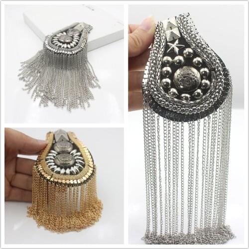 2Pcs Handmade Tassel Chain Shoulder Board Badges Punk Metal Epaulette Clothing Patch Performance Stage Dress DIY Accessories