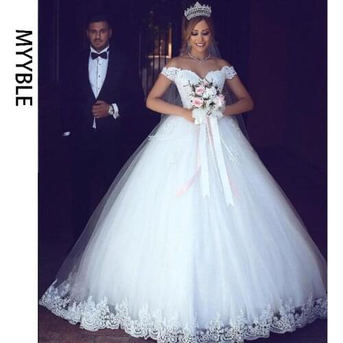 MYYBLE White Lace Ball Gown Wedding Dress Off Shoulder Bride Wedding Dresses Plus Size Bridal Wedding Gowns Vestido de noiva