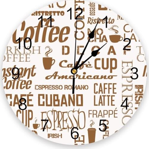 Coffee Cup Text Brown Beans Wall Clock Round Style Fashion Modern Design Wall Clock Home Living Room Bedroom Decoration