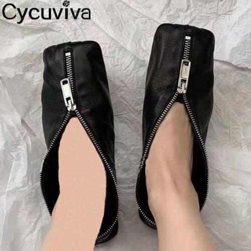 Designer Front Zipper Ladies Ballet Shoes Square Toe Flat Mules Summer Real Leather Slip-on Women Black Shoes Loafers