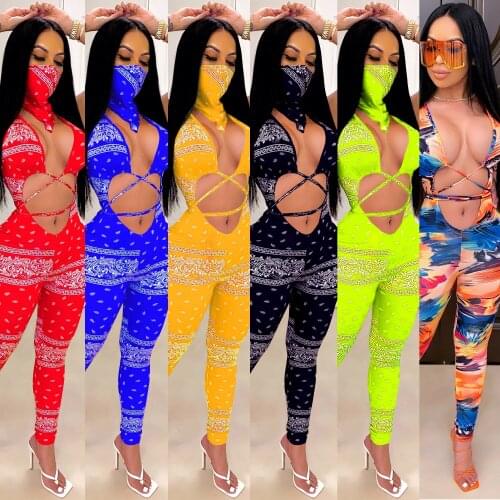 Women Summer Sport Sexy Lace Up Party Club Bandanna Print Cut Out Front Bodycon Jumpsuit with Face Towel Two Piece Set Rompers