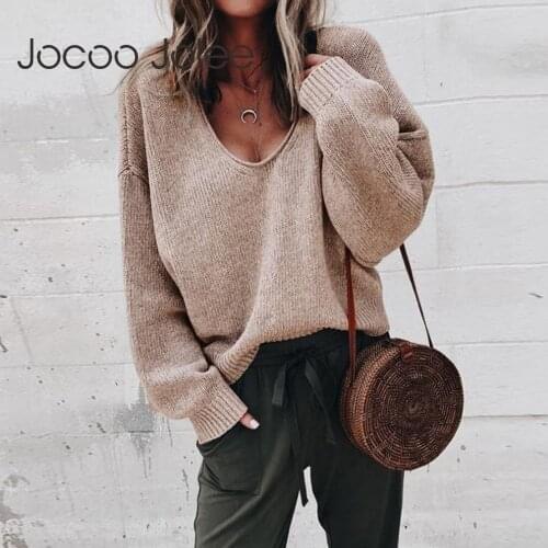 Jocoo Jolee Women Sexy Long Sleeve V Neck Knitted Sweater Casual Solid Black Loose Pullover Vintage Sweater Streetwear Jumper