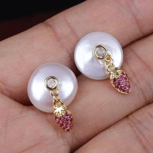 Purple red cz pave tiny gold hang out strawberry charms natural coin freshwater pearl bead charm stud button earring for women