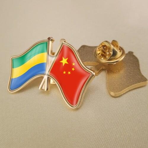 Gabon and China Crossed/Double/Friendship Flags Lapel Pins/Brooch/Badges