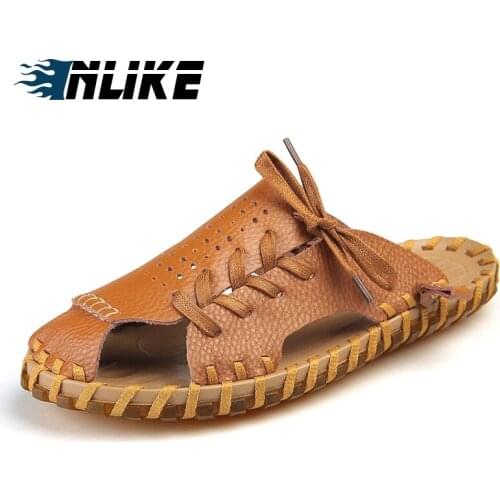 Inlike New Arrival Summer cow Leather Breathable Men Flip Flops Korean Style Beach Sandals Male Handmade Slippers JW506