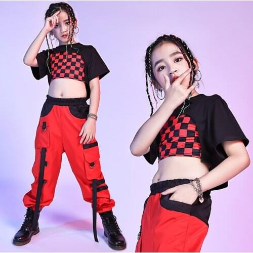 Hip Hop Clothing For Kids Girls Jazz Dance Costume Red Outfits Loose Hiphop Pants Plaid Tops Street Dancing Show Wear VDB3540