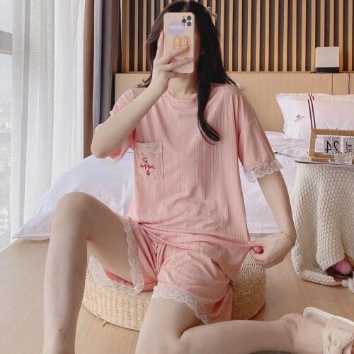 Summer Women Pajamas Set Ins Style Lace Edge Sleepwear Female Short Sleeve T-Shirt Leisure Shorts Home Elastic Pants Nightwear