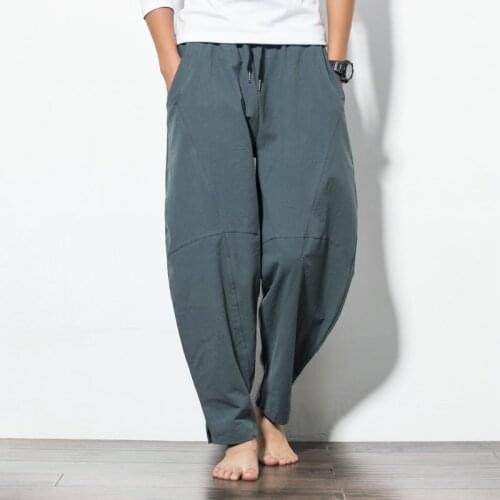 Mens Harem Pants Straight Wide Leg Chinese style Cotton Linen Elastic Waist D44