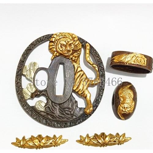 A Set Brass Katana Accessory Handguard For Japanese Sword Wakizashi Tiger Theme DIY Fittings TSUBA+FUCHI+KASHIRA+MENUKI