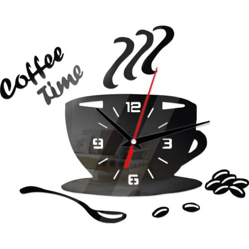 Creative Coffee Cup Shaped Wall Clock Modern Design 3D Mirror Wall Clocks Stickers for DIY Home Room Kitchen Wall Decorations