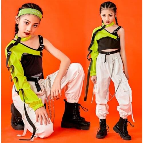 New Kids Hip Hop Costumes Green Sleeve White Hiphop Pants Outfits Girls Jazz Dance Performance Clothes Modern Rave Wear DNV14572