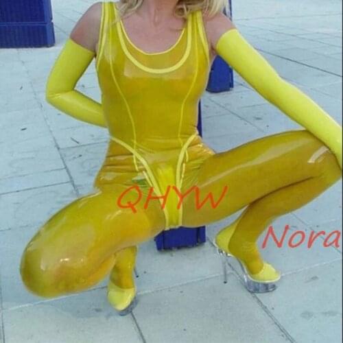 Sexy Woman Latex Catsuit Yellow One-piece Long Sleeve Swimming Pool Party Beach Racing Uniform Xs-xxl (no gloves)