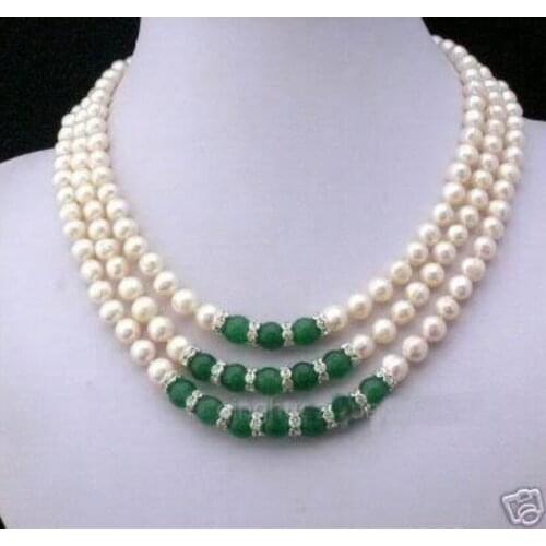 Natural 3 row white Akoya pearl & green jadeite necklace >>Wholesale Free Shipping
