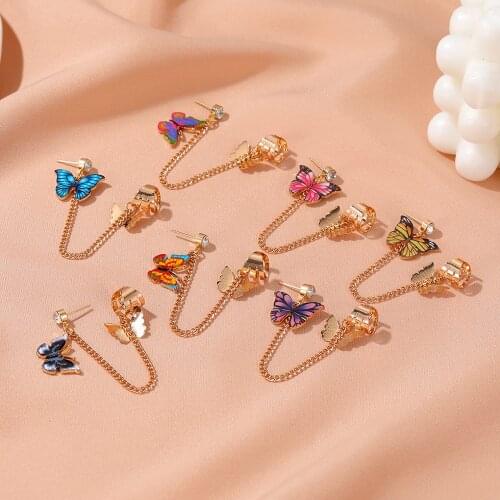 New Trendy Dangle Earrings Single Color Butterfly Rhinestone Tassel Earrings for Women Ear Clip Earings 2021 Fashion Jewelry