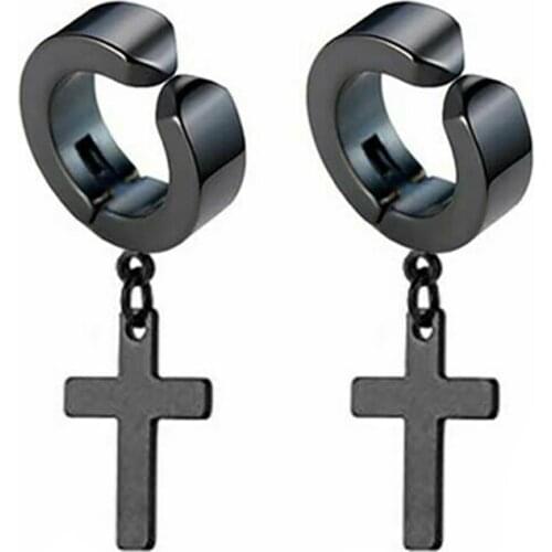 Men Women Stainless Steel Cross Dangle Hoop Clip on Earrings Non-Piercing