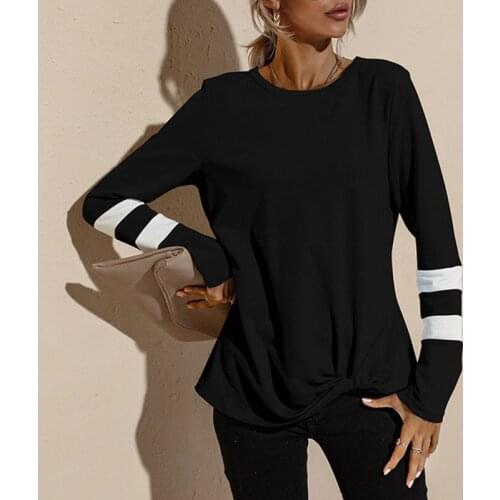 Womens Fashion Color Striped Knot T-Shirt Spring Autumn Round Neck Casual Top Long Sleeve Sweater Tops
