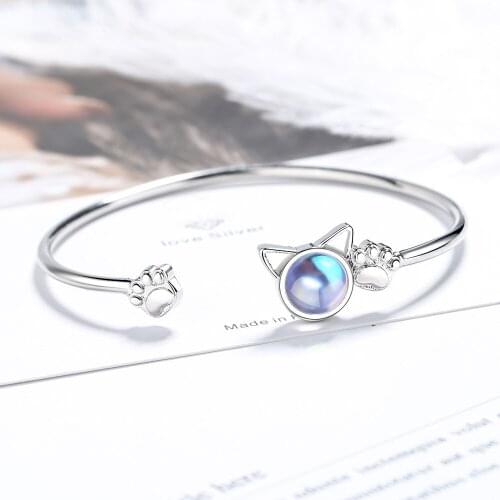 925 Sterling Silver Adjustable Moonstone Cat Charm Bracelet & Bangle For Women Wedding Jewelry SL305