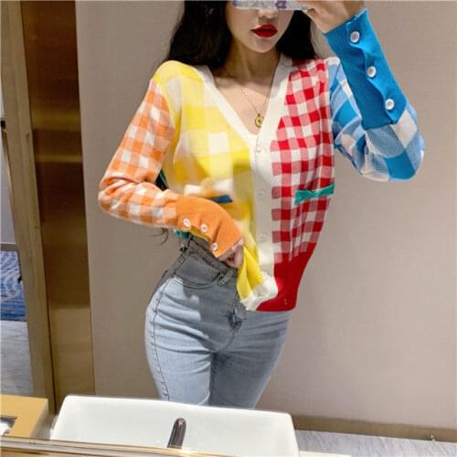 Woman Sweaters Cardigan Color Matching Rainbow Plaid Cardigan Womens Summer Color Knitwear Top V-neck Coat