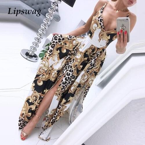2021 Casual Summer Vintage Print Sling Long Dress Lady Sexy V Neck Split Party Dress Fashion Women Sleeveless Maxi Beach Dresses