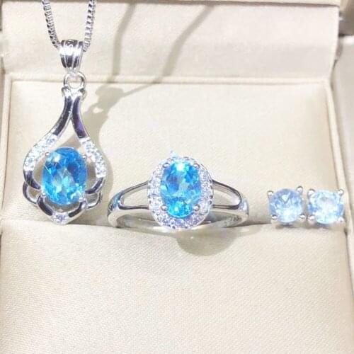 Anniversary Ring Necklace Earrings Jewelry Set Natural AAA Blue Topaz Stone Birthstone Woman Fine 925 Sterling Silver Jewelry