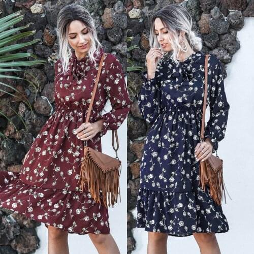 Autumn Dress For Women 2021 Full Flare Sleeve Print Color Bow Office Lady Female Vestido Party Casual Femme Dresses C3046