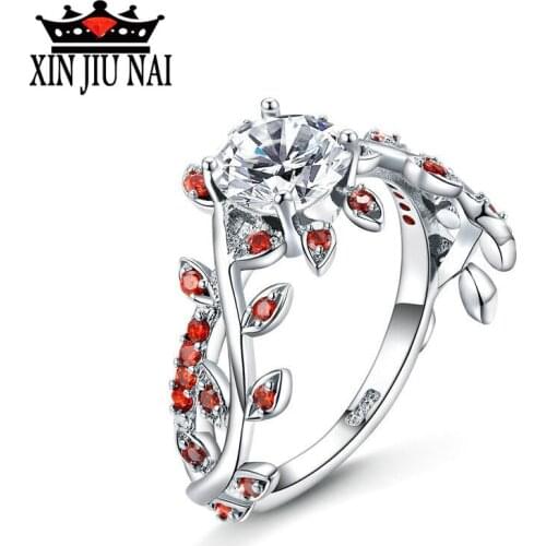 Flower Red Leaf Zircon Engagement ruby Ring for Female Fashion Popular Rhinestone Silver Wedding Rings for Women Jewelry