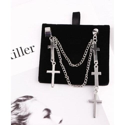 1pc Linked Chain Cross Clip Earrings Piercing Earring Tassel Pendant Clip-on Ear Punk Jewelry For Girls Women Christian