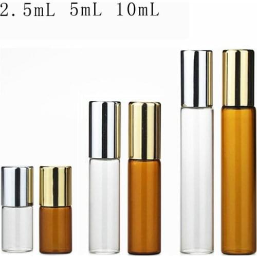 2.5ML 5ml 10ML Mini Roll On Glass bottle fragrance Amber Brown GLASS BOTTLES ESSENTIAL OIL bottle Steel Metal Roller ball SN3400