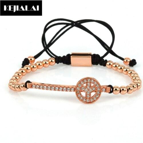 2017 Fashion Men Braiding Macrame Bracelet Peace Symbol Charm Bracelets for Women Micro Pave Zirconia 4mm Beads Adjustable Rope