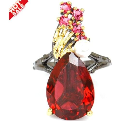 33x13mm Neo-Gothic Gemstone 18x13mm Created Delicate Fine Cut Rhodolite Garnet White Pearl for Women Black Gold Silver Rings