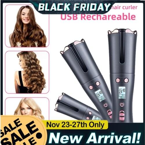 Automatic Hair Curle Portable Cordless USB Electric Hair Curling Wand Roller Iron with 3 Temperature Settings Timer LCD Display