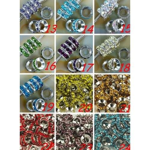 Candfolor free shipping 10mm Green Rhinestone Crystal Rondelle Spacer Beads Lot,Rhodium Plated Big Hole European Beads